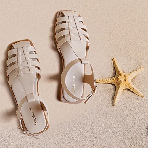 MaxMuxun Women's Flat Sandals Closed Toe Summer Roman Sandals Beach Sandals Square Toe Gladiator Outdoor Shoes