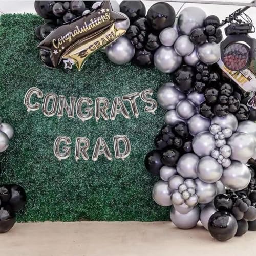 Black and Silver Balloons,65PCS 12 Inch Metallic Chrome Silver and Black Latex Balloons for Birthday Graduation Anniversar...