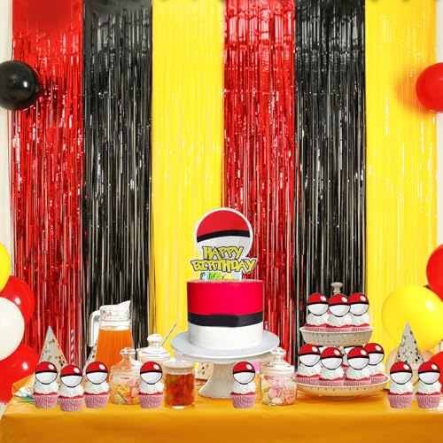 Cartoon Monster Birthday Party Decoration, 4 Pack Animation Themed Photo Booth Prop, Red Black Yellow Foil Fringe Curtains...