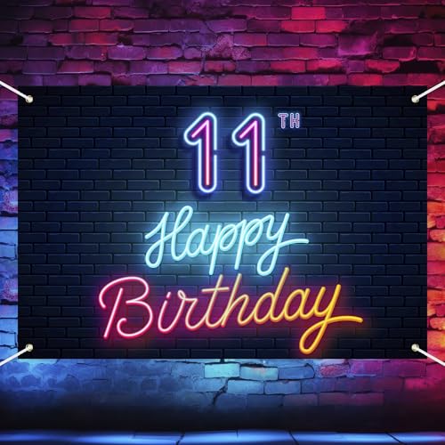 Neon Happy 11th Birthday Backdrop Banner Cool Glow Neon Theme Background Decor for Boys Girls Birthday Party Let’s Glow Pa...