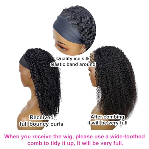 Kinky Curly Headband Wig Human Hair 22 Inch Headband Wigs for Women Human Hair Glueless None Lace Front Curly Wave Wigs Brazilian Virgin Hair Wear and Go Glueless Wig 150% Density Natural Black Color