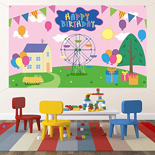 Happy Birthday Backdrop Colorful Cartoon House Sky Flag Car Photography Background Cartoon Pink Pig Theme Banner for Baby ...