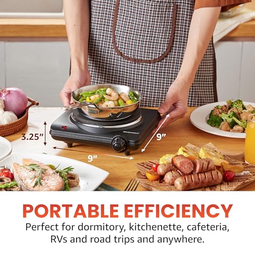 Elite Gourmet ESB-301BF# Countertop Single Cast Iron Burner, 1000 Watts Electric Hot Plate, Temperature Controls, Power In...