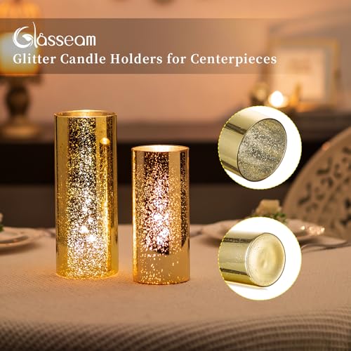 Glasseam Gold Cylinder Vases for Centerpieces: 6 Modern Mercury Hurricane Glass Vase Set for Flowers - Decorative Golden P...