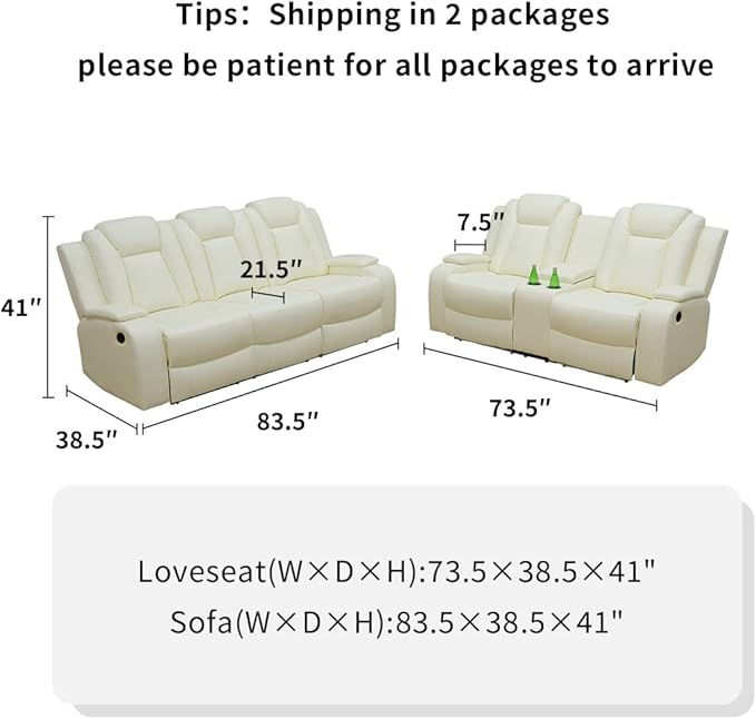 Toseslo Living Room Furniture Sets with LED Light, Power Recliner Sofa Set, Leather Sectional Sofa and Loveseat, Modern Power Reclining with Storage Console/Cup Holder for Living Room(Creamy White)