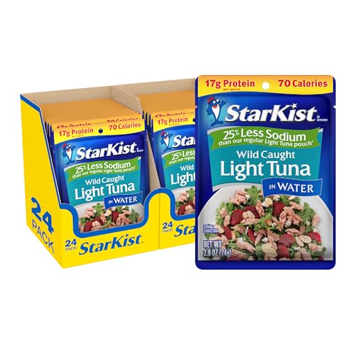StarKist Reduced Sodium Chunk Light Tuna in Water, 2.6 oz Pouch (24 Pack) Ready to Eat Wild Caught Tuna, 17g Protein, Glut...