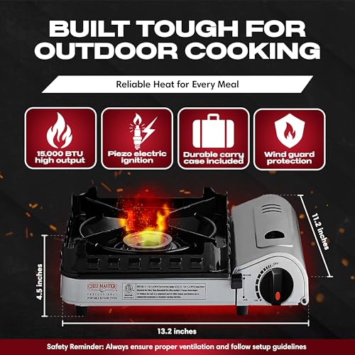Chef Master 15,000 BTU Butane Portable Camp Stove | Double Wind-Guard Portable Stove Burner w/Piezo Click Ignition for Eme...