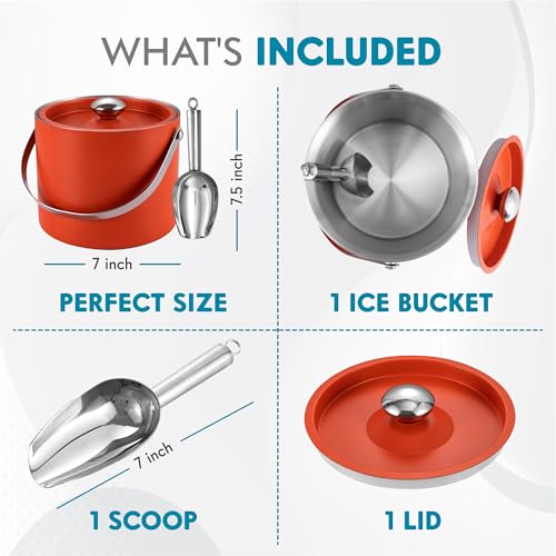 Ice Bucket (3 Liter) Stainless Steel Double Wall Insulated Ice Bucket with Lid & Scoop, Ice Buckets for Parties, Handle, K...