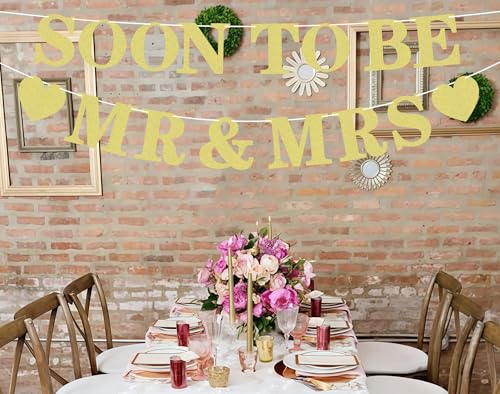 Pre-strung Soon to Be Mr & Mrs Banner - Gold Glitter Bridal Shower Decorations for Wedding, Engagement or Bachelorette Par...