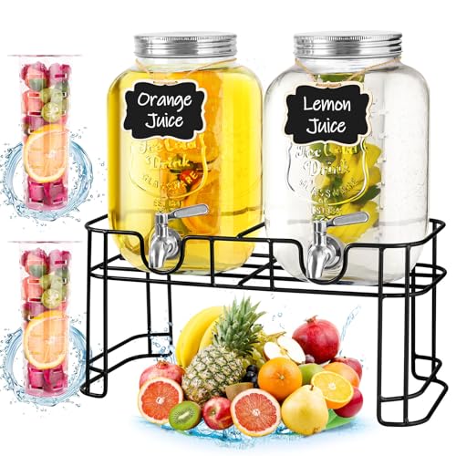 ACDRIME Drink Dispenser & Glass Water Dispenser, 2 Pack 1 Gallon Beverage Dispenser with Stand,with Ice Core,Stainless Ste...