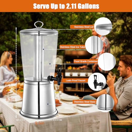 2 Gallons Beverage Dispenser With Stand, Drink Dispensers for Parties, Stainless Steel Juice Dispensers with Ice Tube and ...