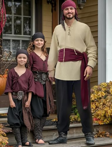 Verceco Mens Pirate Costume Outfit Renaissance Costume Men Medieval Outfit With Pirate Pants Shirts Sash Accessories (khak...