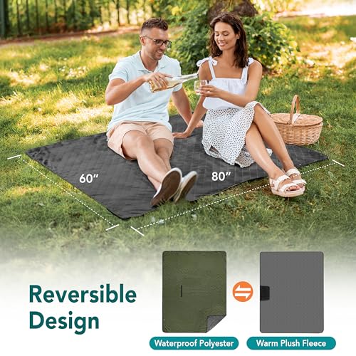 SUN CUBE Large Waterproof Camping Blanket, Fleece Quilted Stadium Blanket for Cold Weather, Windproof Foldable Outdoor Bla...