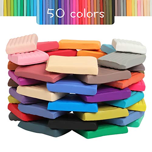 Polymer Clay 50 Colors, Modeling Clay for Kids DIY Starter Kits, Oven Baked Model Clay, Non-Sticky Molding Clay with Sculp...