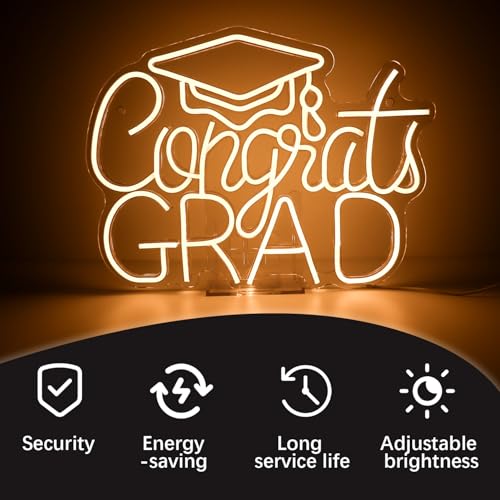 Congrats Grad LED Neon Sign, Graduation Party Decor, 16.5×12.6 Inch Warm White Grad Light Up Letters, Adjustable Congrats ...
