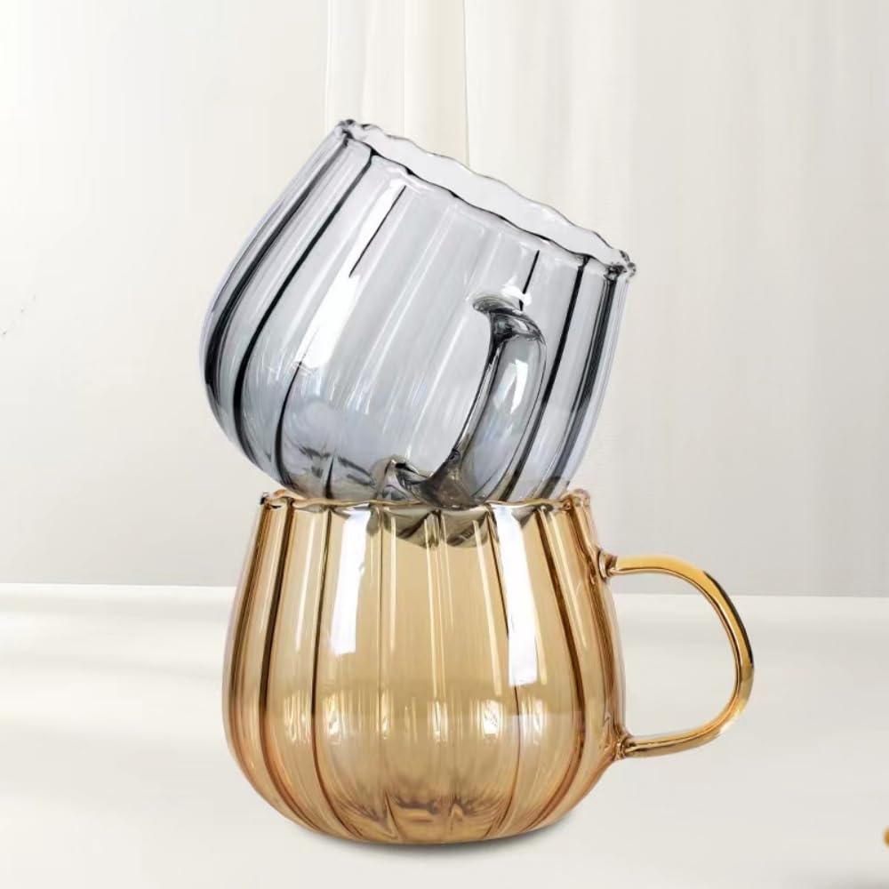 RYUHYF Glass Mug, Coffee Cup, Suitable for Tea, Juice, Milk and Drinks, Pumpkin Cup, 350ml, Set of 1（Amber）