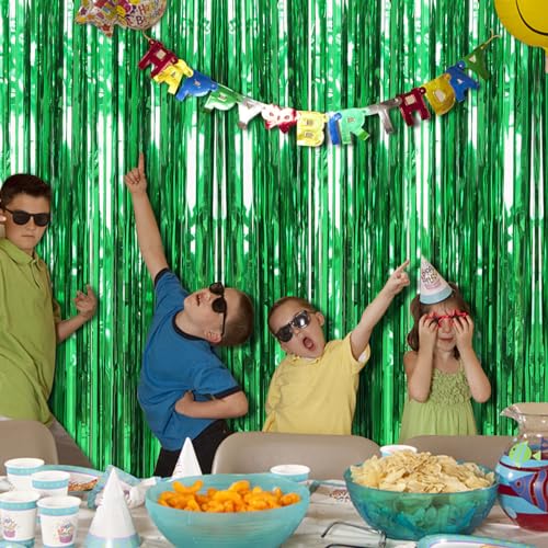 2 Pack Green Streamers Backdrop Jungle Party Decorations Foil Fringe Backdrop Curtains Photo Booth Backdrop for Birthday D...