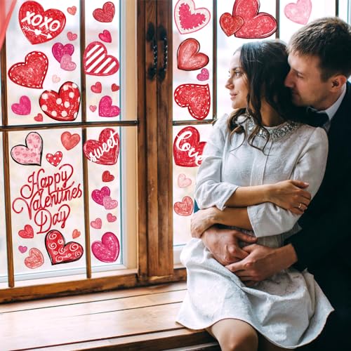 DIYDEC 6 Sheets Valentines Window Cling Double-Sided Pink Red Love Heart Window Stickers Happy Valentines Window Decals fo...