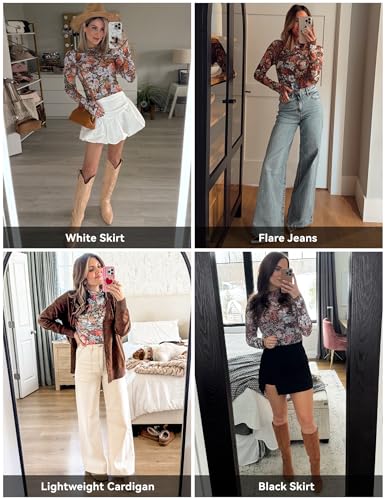 Gleeneat Womens Mesh Floral Long Sleeve Tops Lace Undershirt Mock Neck Going Out Sheer Blouses 2025 Trendy