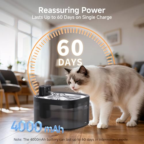 Wireless Cat Water Fountain with Stainless Steel Tray, 3.5L/118oz Rechargeable Battery Pet Water Dispenser, Ultra-Quiet In...