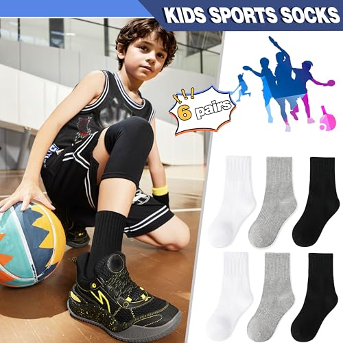 MOGGEI Boys Kids Girls Athletic Socks Basketball Sport Youth Crew Cotton Breathable Outdoor Socks 6 Pairs