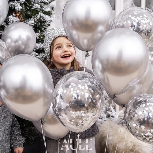 AULE Party Balloons Pack of 42 - Metallic Balloons & Confetti Balloons and 64ft Ribbons - 12 Inch Silver Balloons Decorati...