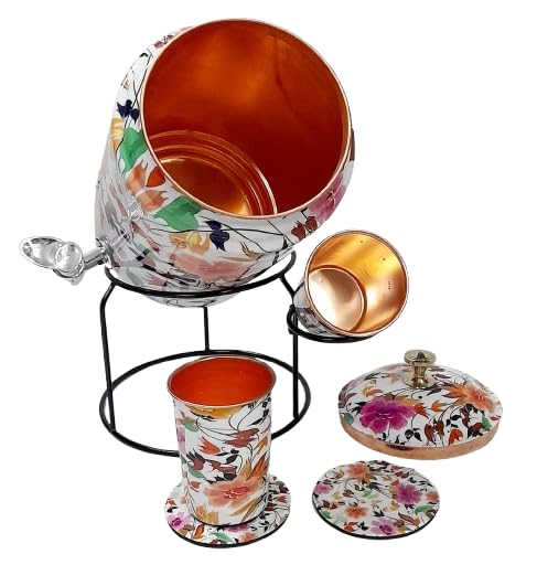Ornate International Pure Copper Water Dispenser 5 Litre (5000ml) with Stand & Tap | Floral Printed Design | Includes 2 Co...