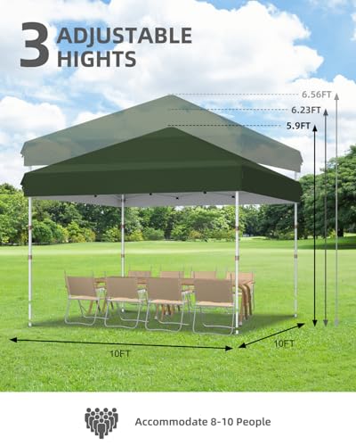 GarveeLife 10x10 Pop Up Canopy with One Button Push Setup - Heavy Duty Outdoor Canopy Tent with Portable Roller Bag - 3 Ad...
