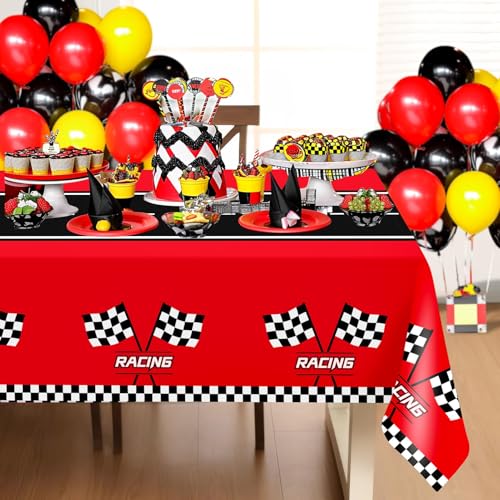 Childom 3Pcs Racing Car Plastic Tablecloth, Race Birthday Party Decorations, 54'' x 108'' Checkered Table Cloth Decor, Fav...