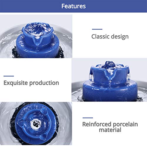Ceramic Cat Water Fountain, 2.1L/71oz Pet Fountain for Dog and Cat, 3 Carbon Filters and 2 Pumps (Dark Blue)