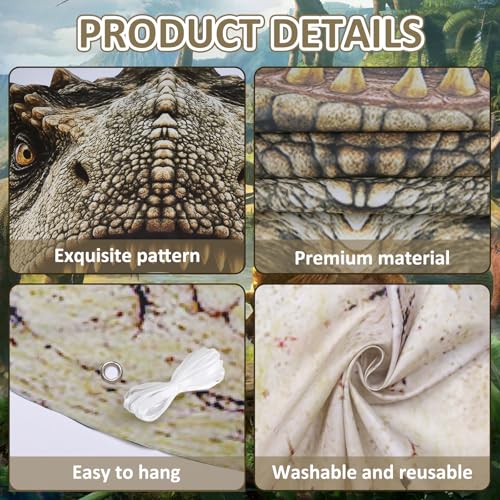 Dino Themed Photo Backdrop Set for Kids Birthday Party – Dinosaur Head and Egg Fabric Banner with Cut-Out Windows – Jungle...