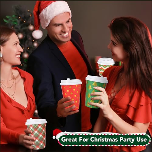 300 Pcs/100 Sets Christmas Coffee Cups with Lids and Sleeves 12 oz Disposable Christmas Paper Cups Party Drinking Cups for...