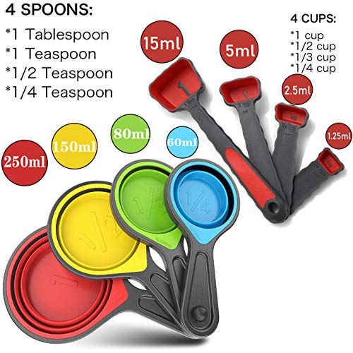 Collapsible Silicone Soft Measuring Cups and Measuring Spoons,8 pieces Portable Food Grade Silicone Measurement Cup for Li...