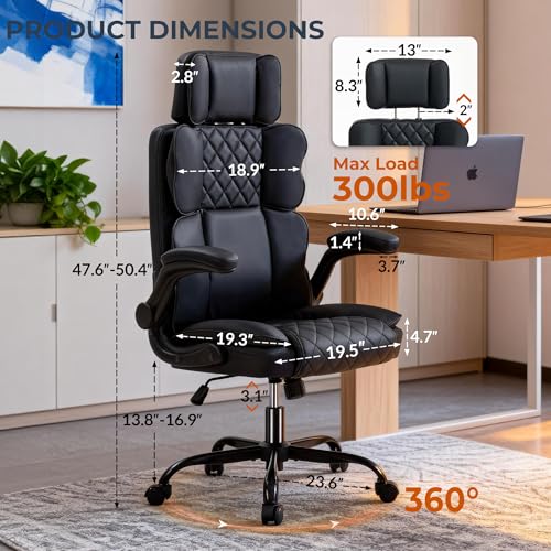Leather Office Chair with Adjustable Headrest, Executive Home Office Desk Chairs with Ergonomic Back Support, Padded Flip-...
