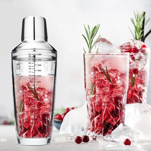 Tiawudi 23oz Glass Cocktail Shaker Set, 4PCS Bartender Kit, Martini Mixer Shaker with Built-in Strainer, Measuring Jigger,...