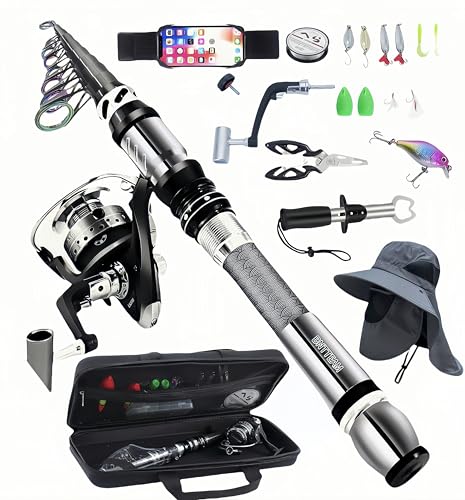 BNTTEAM Portable Fishing Spinning Rod and Reel Combo Set Carbon Fiber Fluorescent Rod Tip, with Fishing Lures Line Carrier...