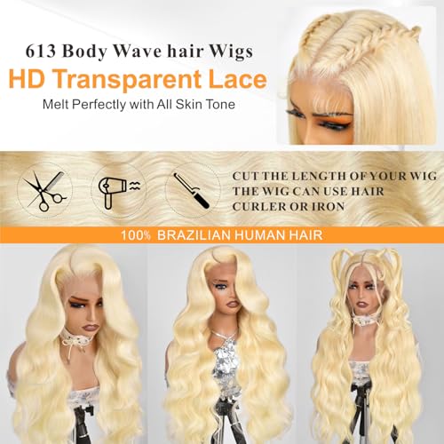 613 13x6 Lace Front Wig Human Hair Blonde Wig Human Hair Body Wave HD Transparent Lace Frontal Wigs Human Hair Pre Plucked for Black Women 180% Density wigs 24 Inch