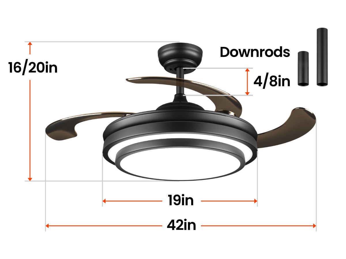 42 Inch Black Modern Ceiling Fan with Lights and APP Control,Retractable Fandelier Celing Fan with Light, 6 Speed,Light Dimmable Memory,Silent Reversible Motor for Bedroom Kitchen Living Room