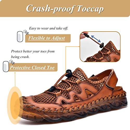 Qiucdzi Mens Closed Toe Sandals, Sport Sandals Casual Leather Handmade Sandals Adjustable Fisherman Beach Sandals For Outd...