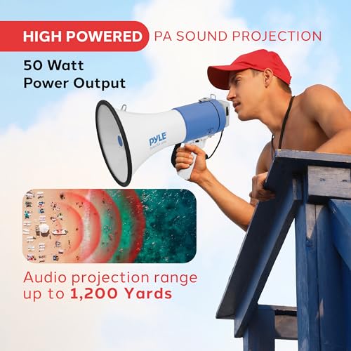 Pyle Megaphone - Portable PA Bullhorn - Built-In Siren, 50W Adjustable Volume Control In 1200 Yard Range, Ideal For Any Ou...