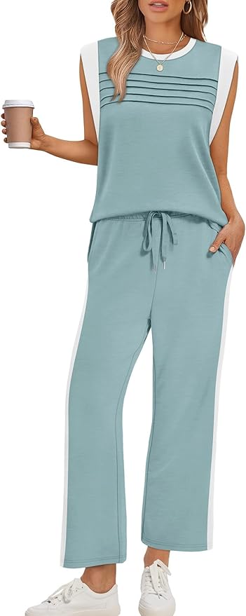 WIHOLL 2 Piece Sets for Women Summer Lounge Sets Travel Vacation Outfits Cap Sleeve Sweatsuit Side Slit Wide Leg Pants S-3XL