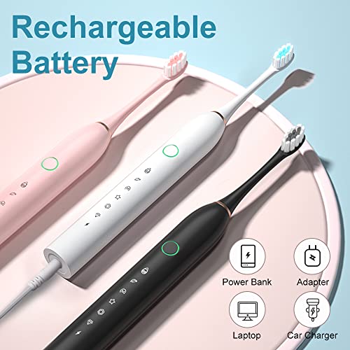 SUNPRO 2 Pack Sonic Electric Toothbrush for Adults, 6 Modes for Deep Clean, Include Smart Timer and 8 Heads (Black+Pink)