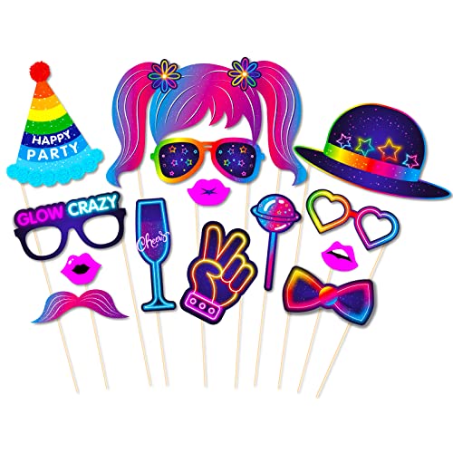 25pcs Glow Neon Photo Booth Props with Stick, Photo Props for Birthday Let's Glow Themed Neon Glow in The Dark Disco Black...