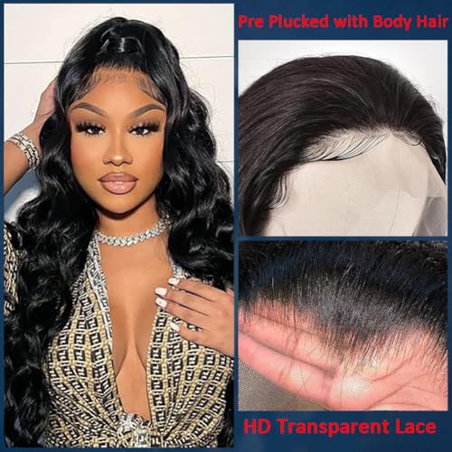 Natural Black 32 Inch 13x4 200 Density Lace Front Wigs Human Hair Body Wave HD Transparent Pre Plucked Frontal Curly Glueless for Women