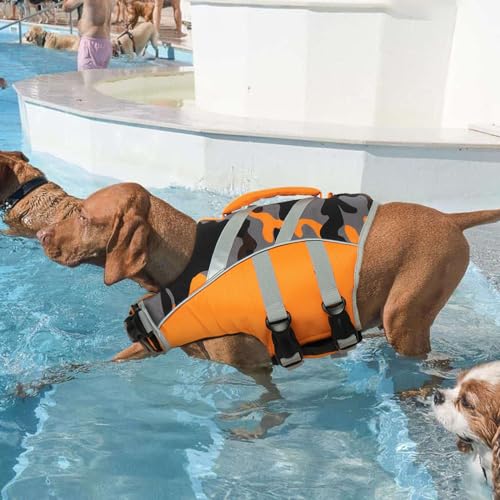 Kuoser High Visibility Dog Life Jacket with Reflective Stripes, Adjustable Ripstop Pet Life Preserver Swimsuit for Small, ...