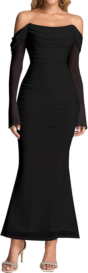 KUTUMAI Off Shoulder Long Sleeve Maxi Dress Corset Bodycon Ruched Cocktail Formal Wedding Guest Dresses for Women