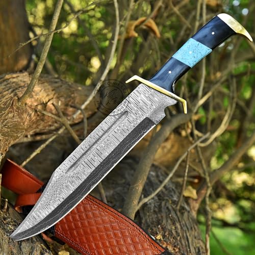 Damascus Steel Western Outlaw Bowie Hunting Knife, Fixed Blade Survival & Hunting Knife, Camping, Bushcraft, EDC - Gift fo...