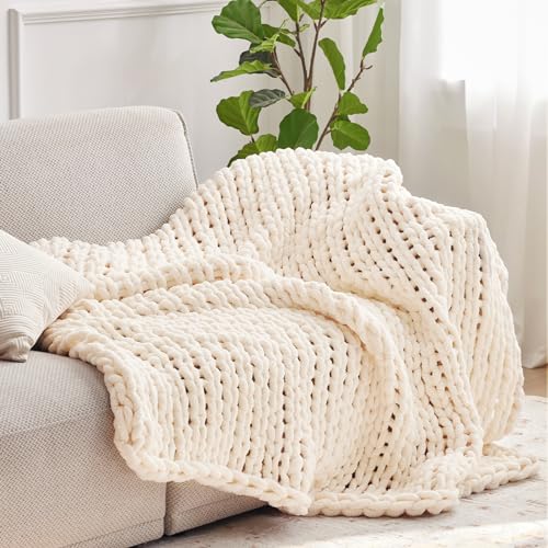 Negwoo Chunky Knit Throw Blanket, 50''*60'' Knitted Throw Chenille Yarn for Bed Couch, Handmade Cream Crochet Big Thick Bl...