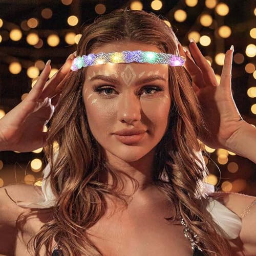ACEDRE Light Up Rhinestone Headband LED Rave Headpiece Glow Silver Crystal for Women