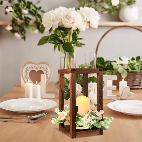 Hushee 30 Pcs Wooden Wedding Lantern Centerpiece Integrated Holders with Candles and Wreaths Rustic Wooden Candle Lantern ...